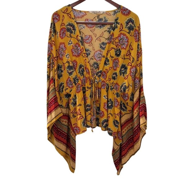 Liberty Love Tops - Liberty Love Mustard Yellow Floral Print Top Bell Sleeve Sz L Bohemian Hippie